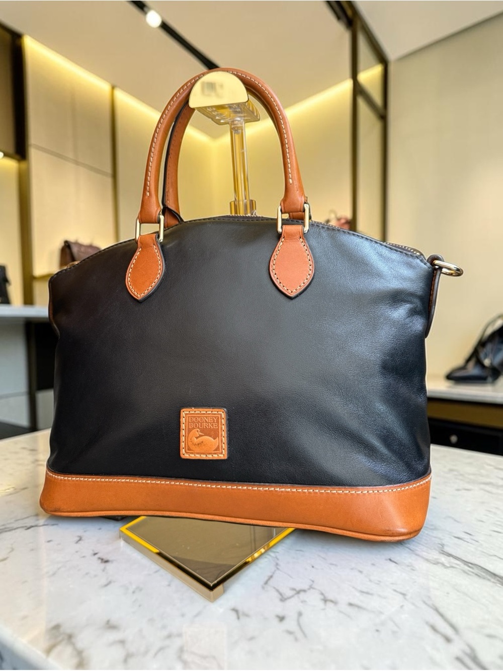 Dooney & Bourke Darcy Dome Satchel Classic Two-Tone Leather Bag Black and Brown